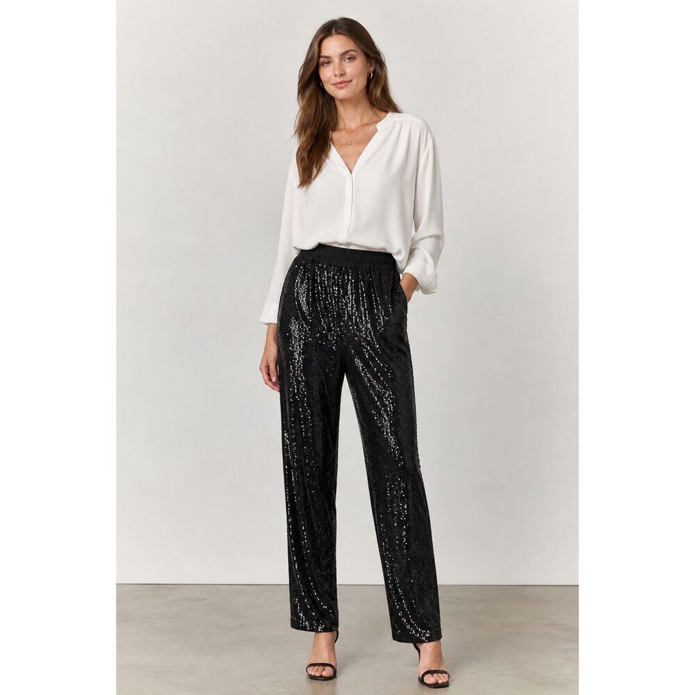 Ramy Brook New York MEDIUM Black Sequin Pants Straight Leg #780